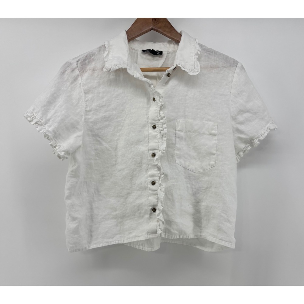 J.CREW 100% Linen Blouse Women's M White Short Sleeve Button Up Ruffle Trim
